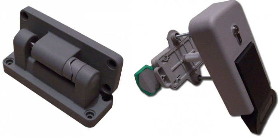 Kaks halli ukse lukku kõrvuti, valgel taustal näha nende konstruktsiooni detailid.